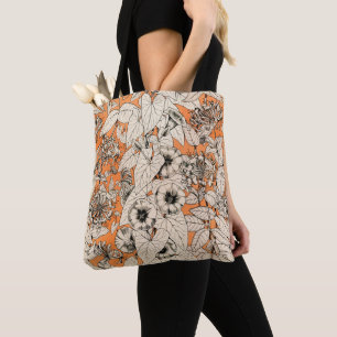 Orange White Graphic Flowers Pattern Tote Bag