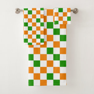 Orange White Green Chequered Pattern Design Bath Towel Set
