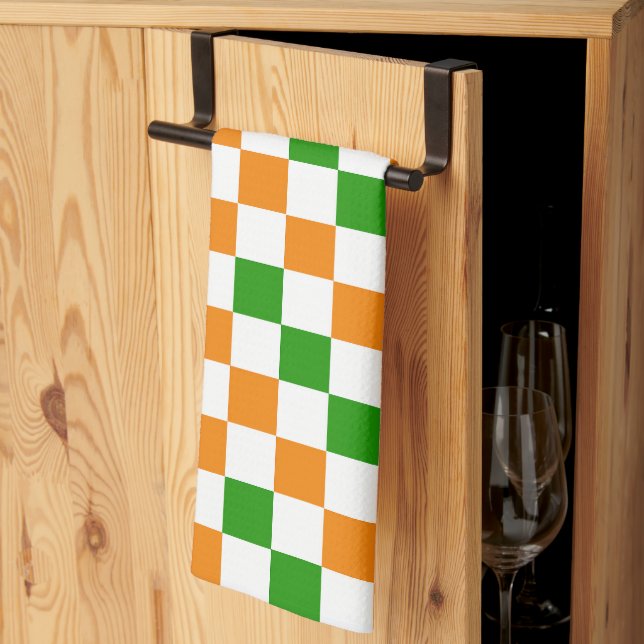 Orange White Green Chequered Pattern Design  Kitchen Towel (Thirds Fold)