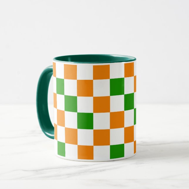 Orange White Green Chequered Pattern Design  Mug (Front Left)
