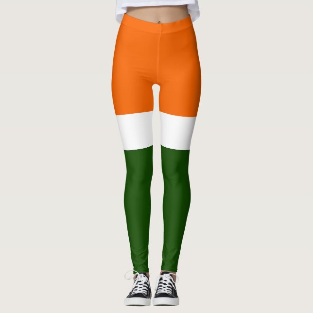 Orange White Green Plain Colour Block Design  Leggings (Front)