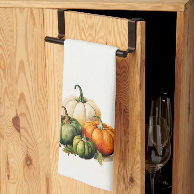 Orange, White & Green Pumpkin Fall Themed  Kitchen Towel (Thirds Fold)