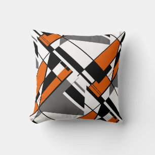 Orange White Grey Black Abstract Angular Art Motif Throw Pillow