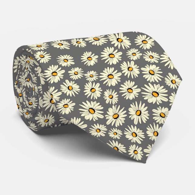 Orange white grey daisy flower pattern tie (Rolled)
