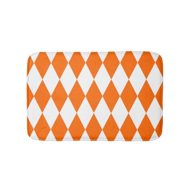 Orange White Harlequin Diamonds Checkers Design  Bath Mat (Front)