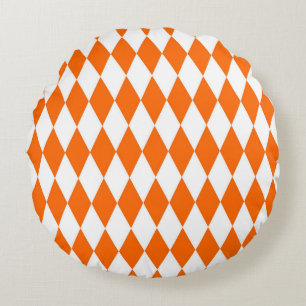 Orange White Harlequin Diamonds Checkers Design Round Pillow