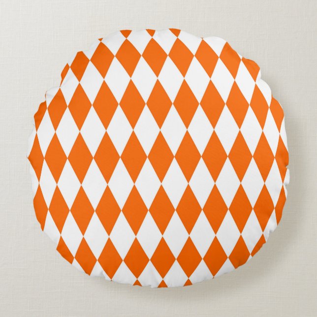 Orange White Harlequin Diamonds Checkers Design  Round Pillow (Front)