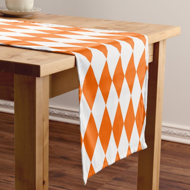 Orange White Harlequin Diamonds Checkers Design  Short Table Runner (Creator Uploaded)