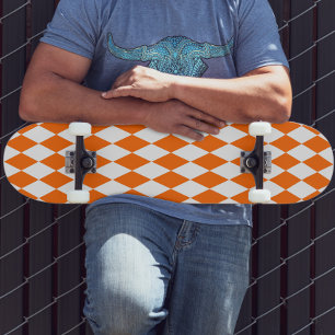 Orange White Harlequin Diamonds Checkers Design Skateboard