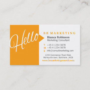 Orange & white hello speech quote business card