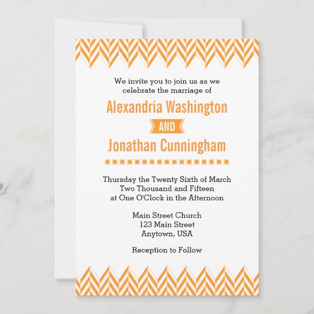 Orange White Herringbone Wedding Invitation (Front)
