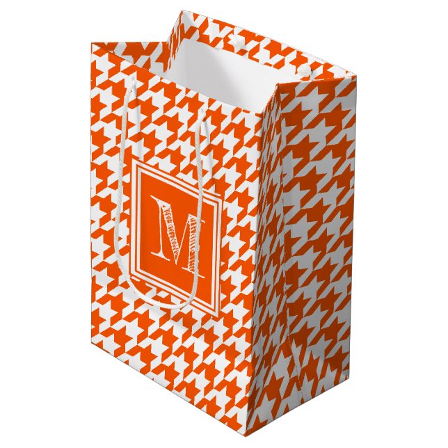Orange White Houndstooth | Modern Monogram Medium Gift Bag (Front Angled)