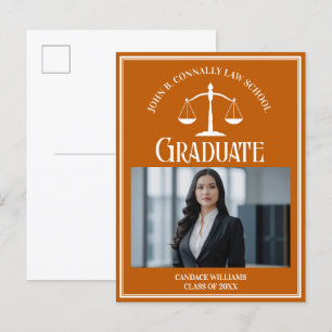 Orange White Law School Photo Graduation Announcement Postcard