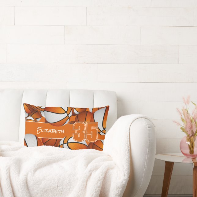 orange white lots of basketballs girls sports room lumbar pillow (Couch)