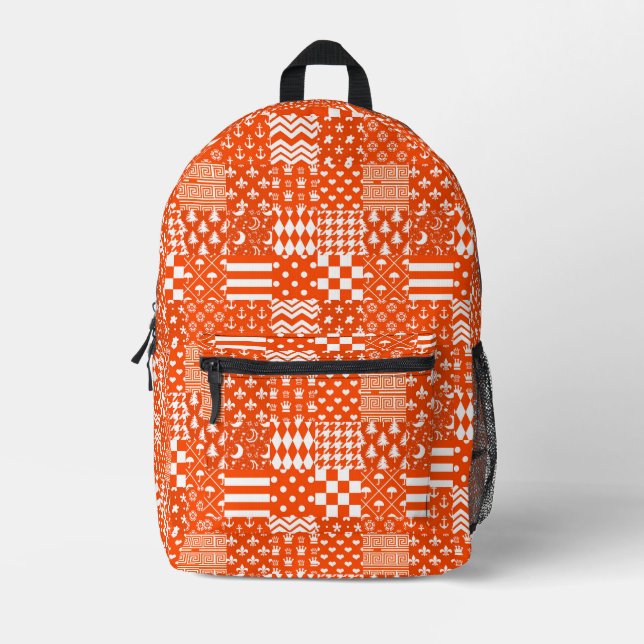 Orange White Mixed Patterns Patchwork Design  Printed Backpack (Front)