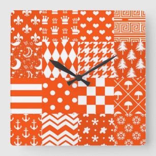 Orange White Mixed Patterns Patchwork Design Square Wall Clock