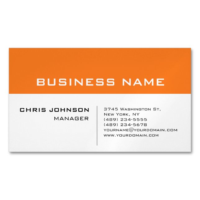 Orange White Modern Minimalist Magnetic Business Card (Front)