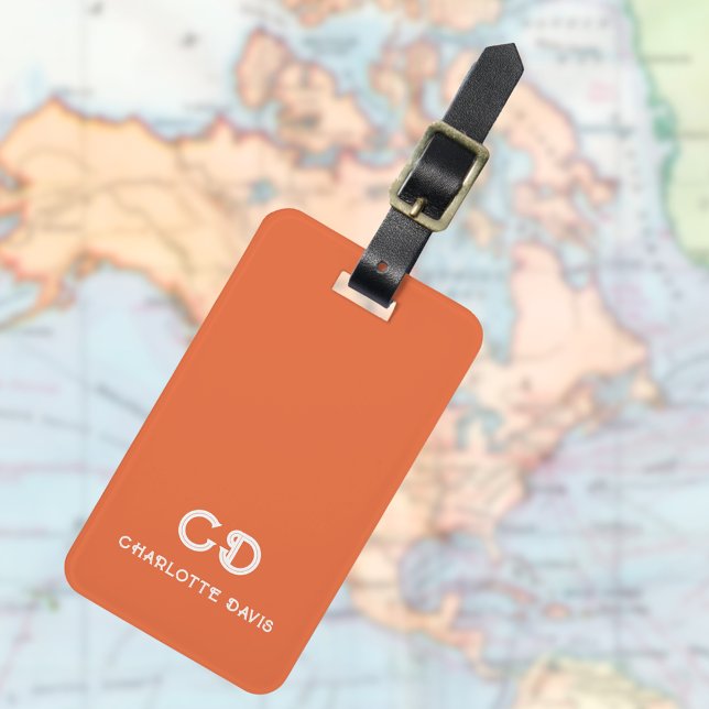 Orange white monogram initials luggage tag (Creator Uploaded)