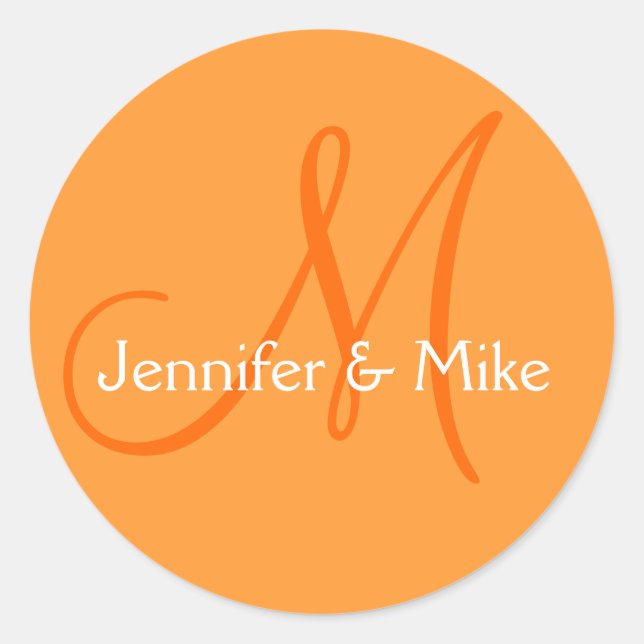Orange White Names Monogram Wedding Favour Sticker (Front)