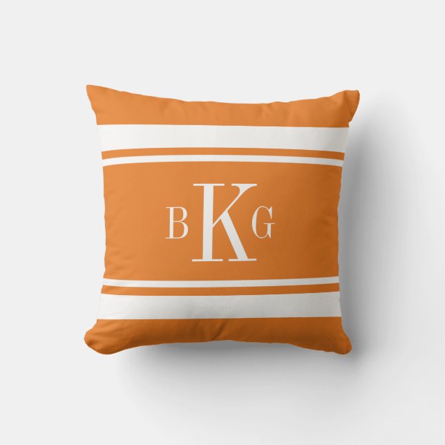 Orange White Nautical Stripes Custom Monogram Throw Pillow (Front)