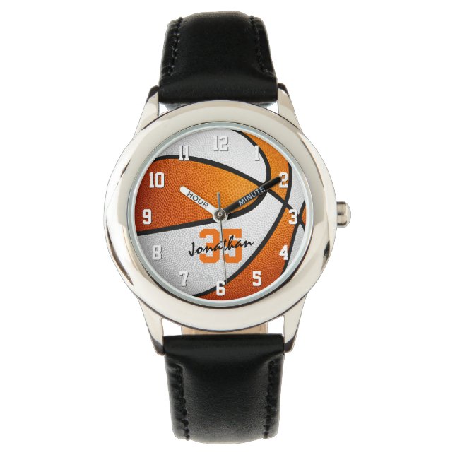 orange white personalized basketball watch (Front)