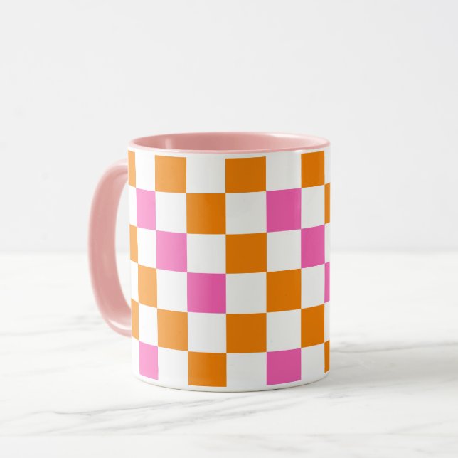 Orange White Pink Chequered Pattern Design  Mug (Front Left)