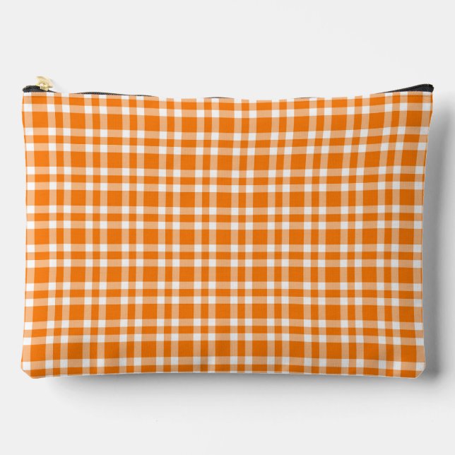Orange White Plaid Pattern Large Accessory Pouch (Front)