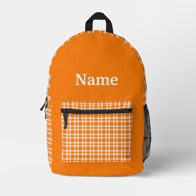 Orange White Plaid Personalize Pattern Printed Backpack (Front)