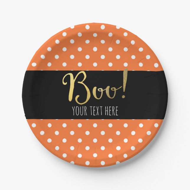 Orange & White Polka Dot Halloween Party Paper Plate (Front)