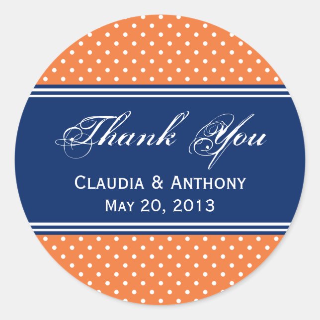Orange, White Polka Dot with Royal Blue Classic Round Sticker (Front)