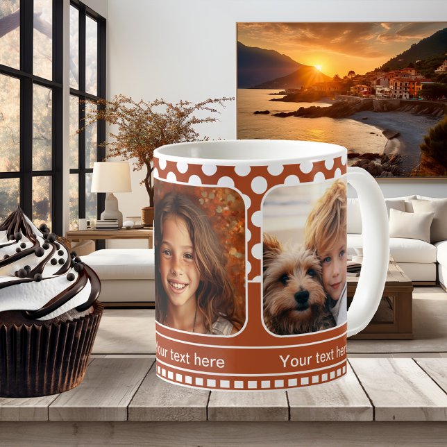Orange White Polka Dots Family Photo Mug (Cute keepsake mug in orange with retro white polka dots and your own favorite photos)