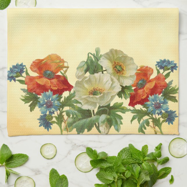Orange White Poppies and Blue Cornflowers  Kitchen Towel (Folded)