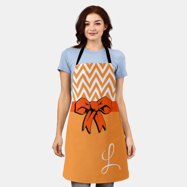 Orange & White Pumpkin Spice Faux Bow Personalized Apron (Worn)
