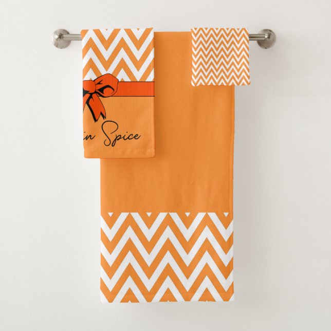 Orange & White Pumpkin Spice Faux Bow Personalized Bath Towel Set (Insitu)