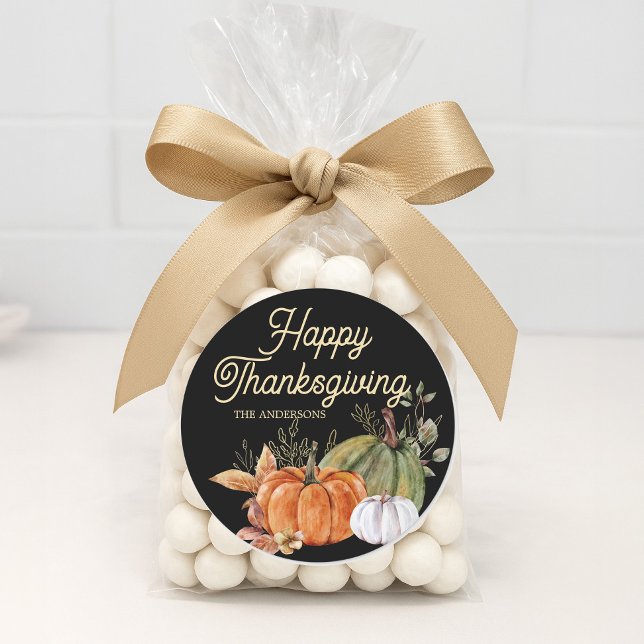 Orange White Pumpkins Black Happy Thanksgiving  Classic Round Sticker ("Happy Thanksgiving" sticker)