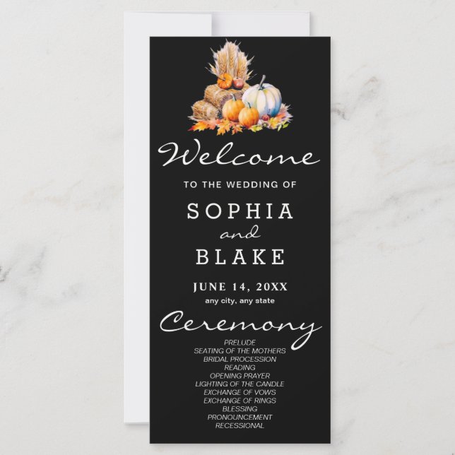 Orange & White Pumpkins Fall Black Wedding Program (Front)