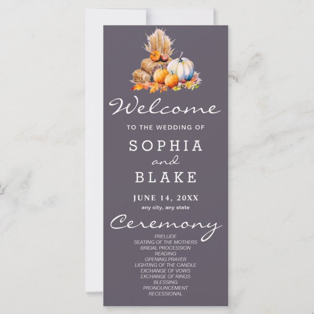 Orange & White Pumpkins Fall Grey Wedding Program (Front)