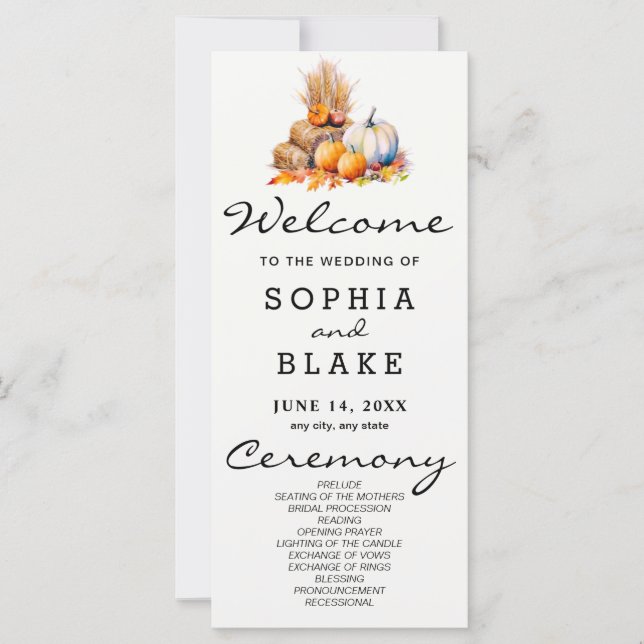 Orange & White Pumpkins Fall White Wedding Program (Front)