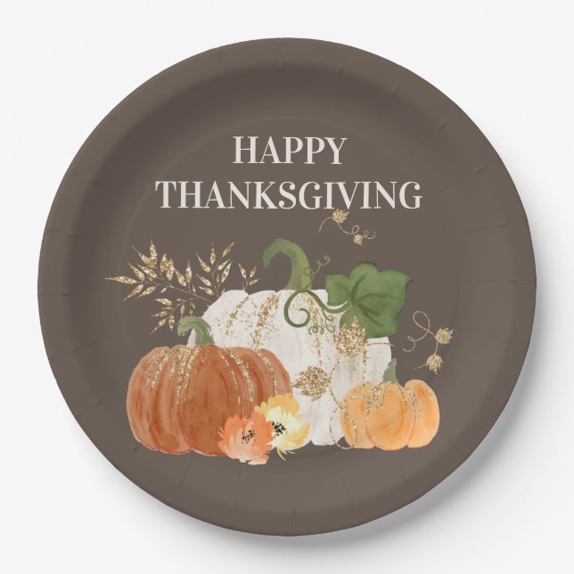 Orange White Pumpkins Gold Glitter Thanksgiving  Paper Plate (Front)