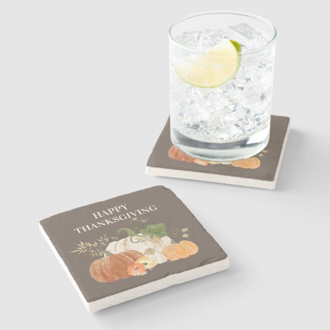Orange White Pumpkins Gold Glitter Thanksgiving   Stone Coaster (Side)