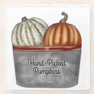 ORANGE & WHITE PUMPKINS IN TIN BASKET GLASS COASTER
