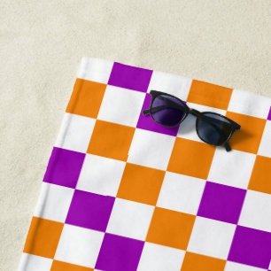 Orange White Purple Chequered Pattern Design Beach Towel