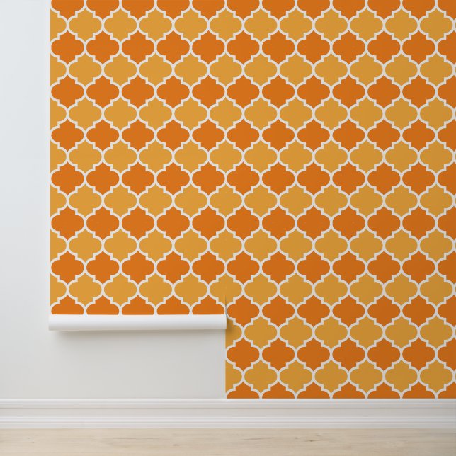 Orange White Quatrefoil Pattern Wallpaper (Application)