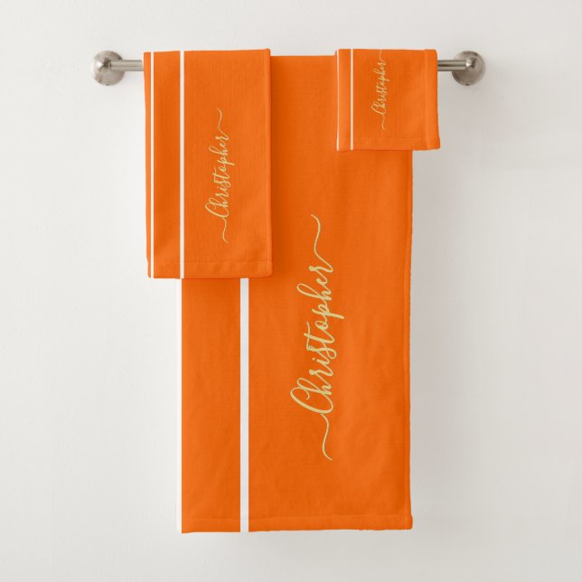 Orange White Racing Stripes Faux Gold Monogrammed Bath Towel Set (Insitu)
