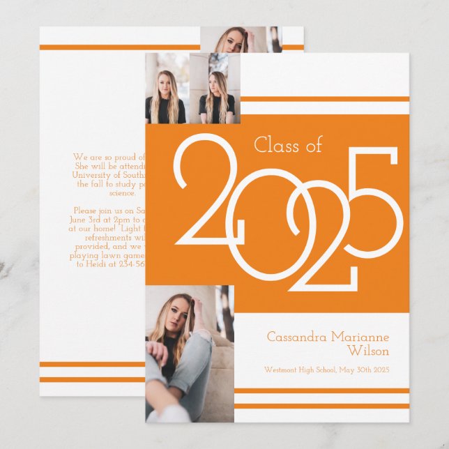 Orange White School Color Graduation Faire-part (Devant / Derrière)