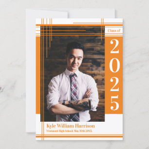 Orange White School Colour Graduation Photo Plaid Invitation