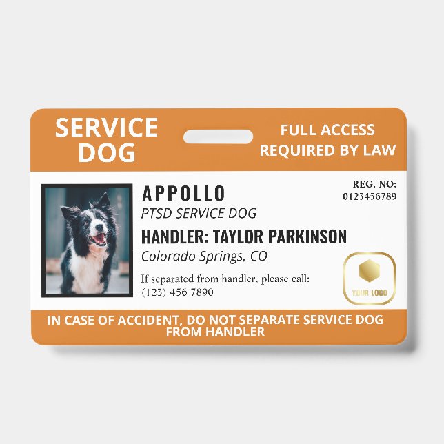 Orange White Service Dog Logo & Photo ID Badge (Front)