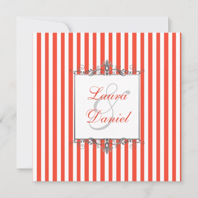 Orange, White, Silver Grey Stripes Scrolls Invite (Front)