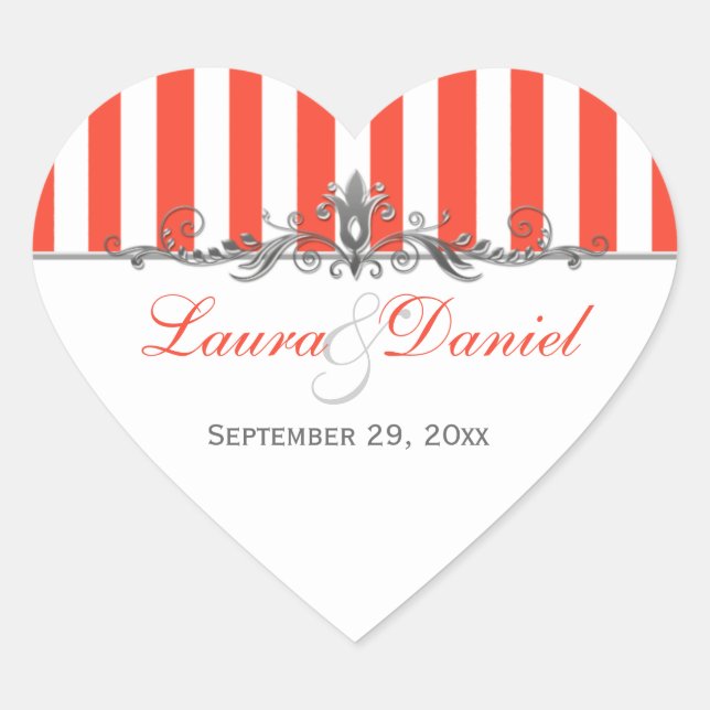 Orange White Silver Stripes Scroll Wedding Sticker (Front)