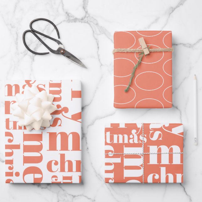 Orange White Simple Merry Christmas Modern Trendy Wrapping Paper Sheet (Front)